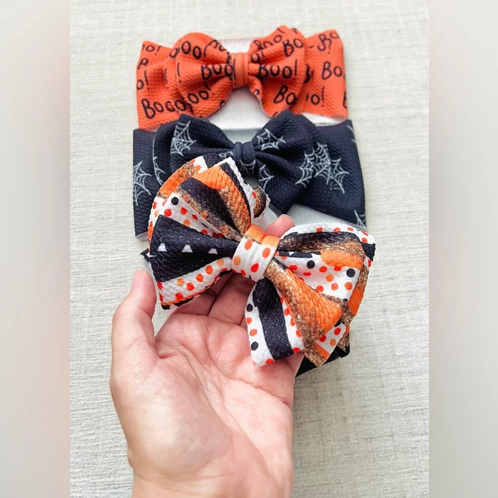 Baby Girl Headband Big Bow Halloween Set of Three with Boo and Spider Web Design